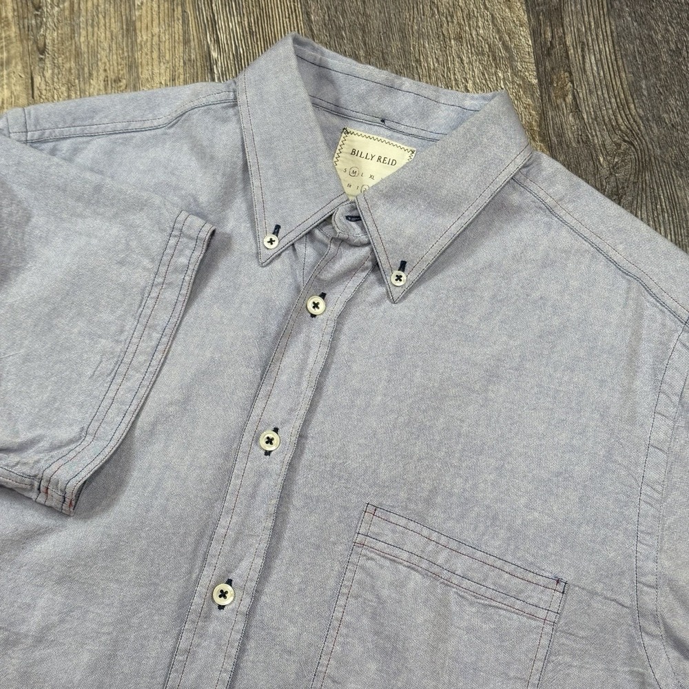 Billy Reid Mens Medium Blue Oxford Button Down Shirt Short Sleeve Italy Cotton